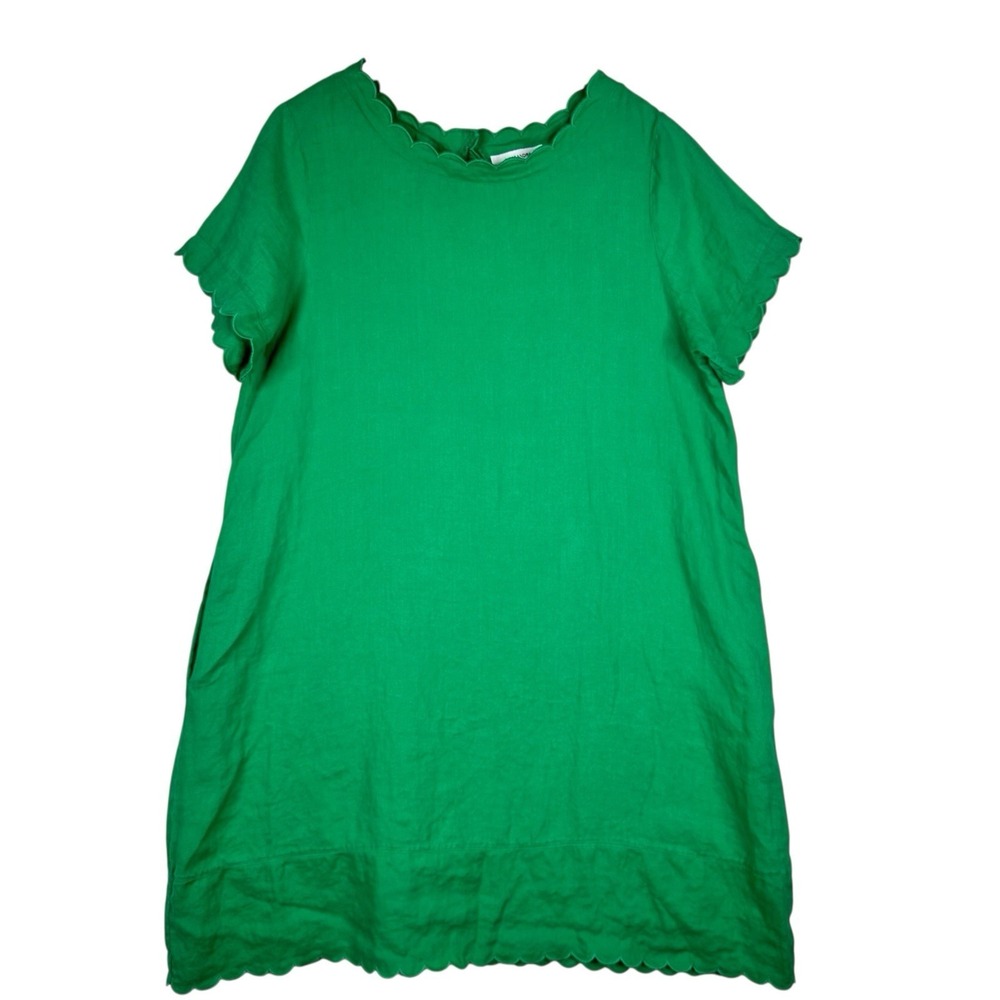 Alessandra Green Linen Dress Large Scalloped Trim Shift Cottagecore Summer